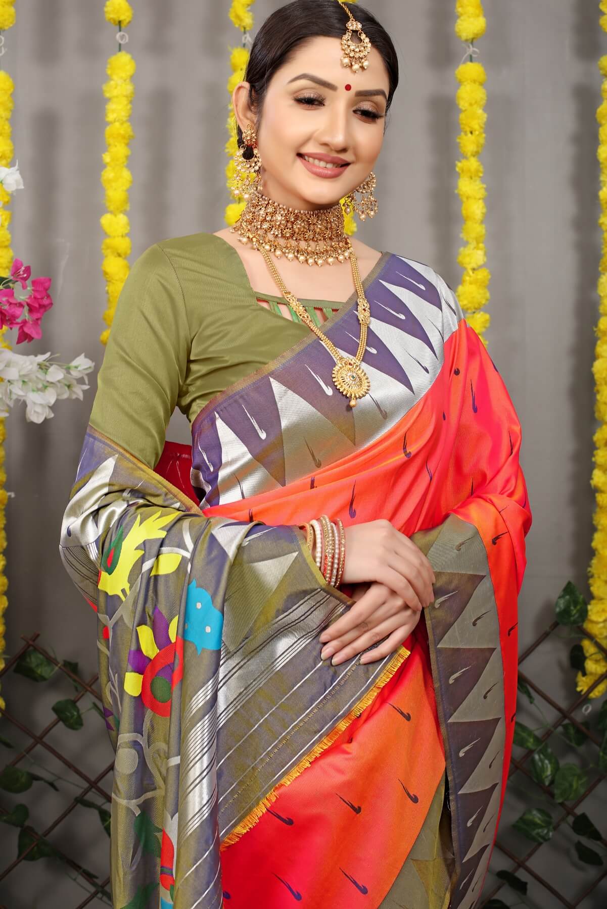 Surreptitious Orange Paithani Silk Saree With Appealing Blouse Piece