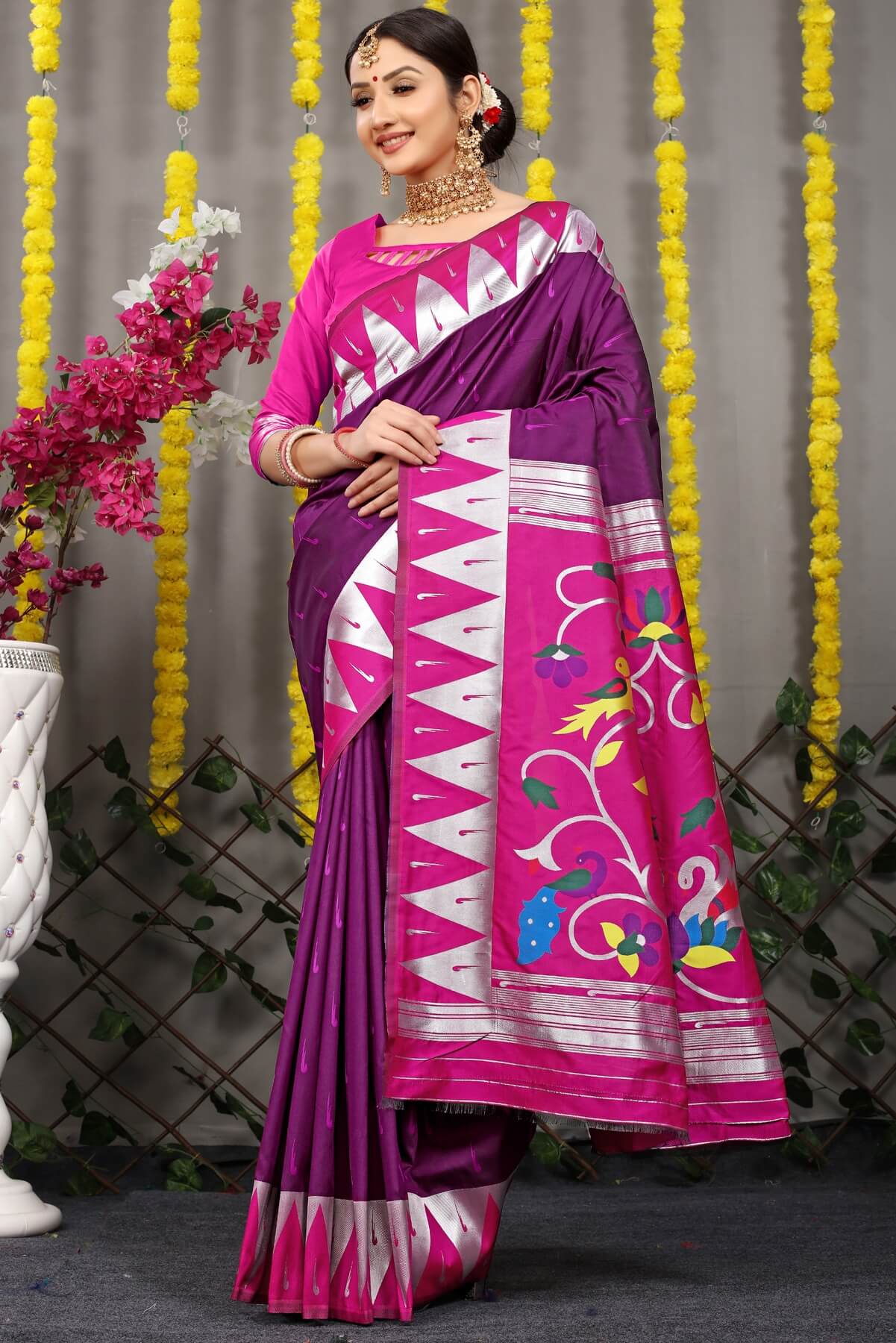 Delectable Wine Paithani Silk Saree With Appealing Blouse Piece