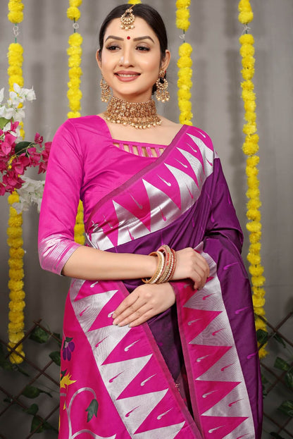 Delectable Wine Paithani Silk Saree With Appealing Blouse Piece