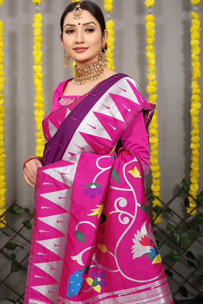Delectable Wine Paithani Silk Saree With Appealing Blouse Piece