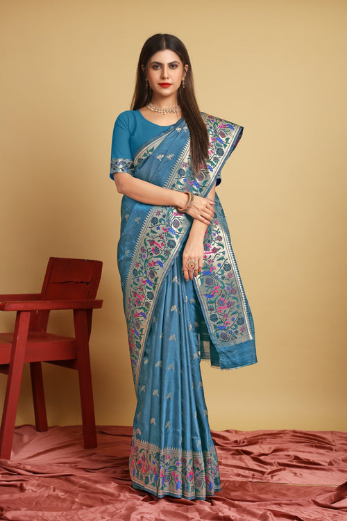 Load image into Gallery viewer, Energetic Blue Paithani Silk Saree With Gleaming Blouse Piece
