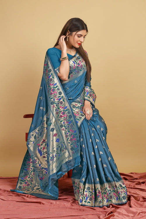 Load image into Gallery viewer, Energetic Blue Paithani Silk Saree With Gleaming Blouse Piece
