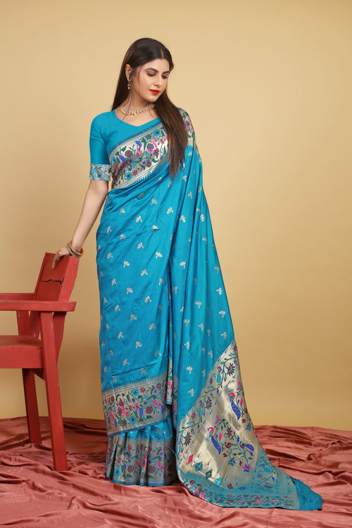 Load image into Gallery viewer, Sizzling Firozi Paithani Silk Saree With Flaunt Blouse Piece
