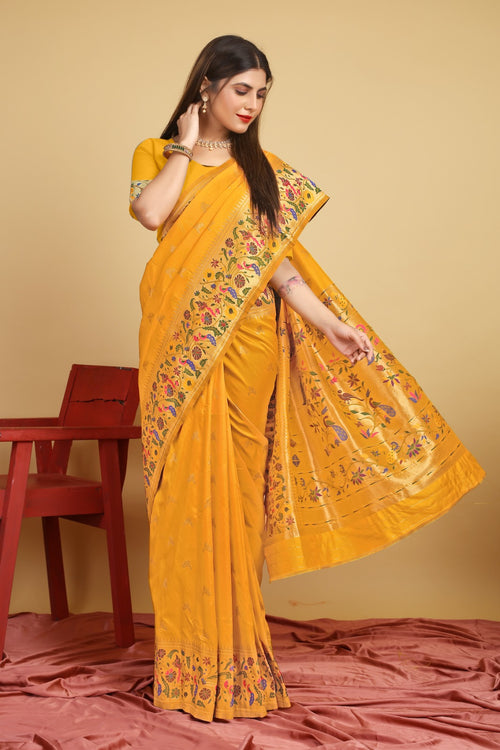 Load image into Gallery viewer, Outstanding Yellow Paithani Silk Saree With Glowing Blouse Piece
