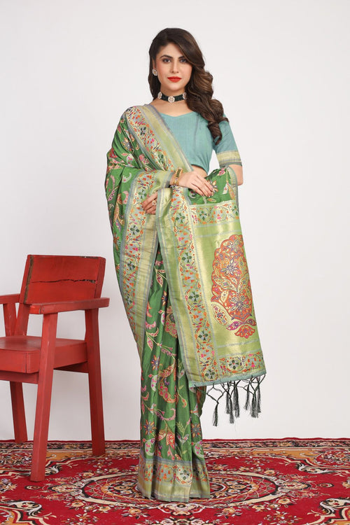 Load image into Gallery viewer, Skinny Dark Green Pashmina saree With Glittering Blouse Piece
