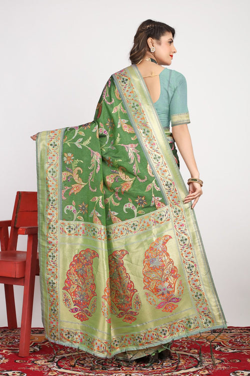 Load image into Gallery viewer, Skinny Dark Green Pashmina saree With Glittering Blouse Piece
