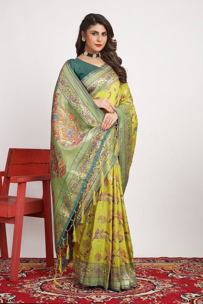 Captivating Mehndi Pashmina saree With Ravishing Blouse Piece