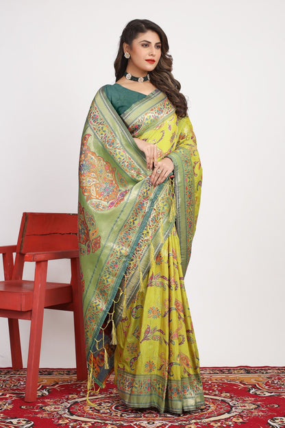 Captivating Mehndi Pashmina saree With Ravishing Blouse Piece