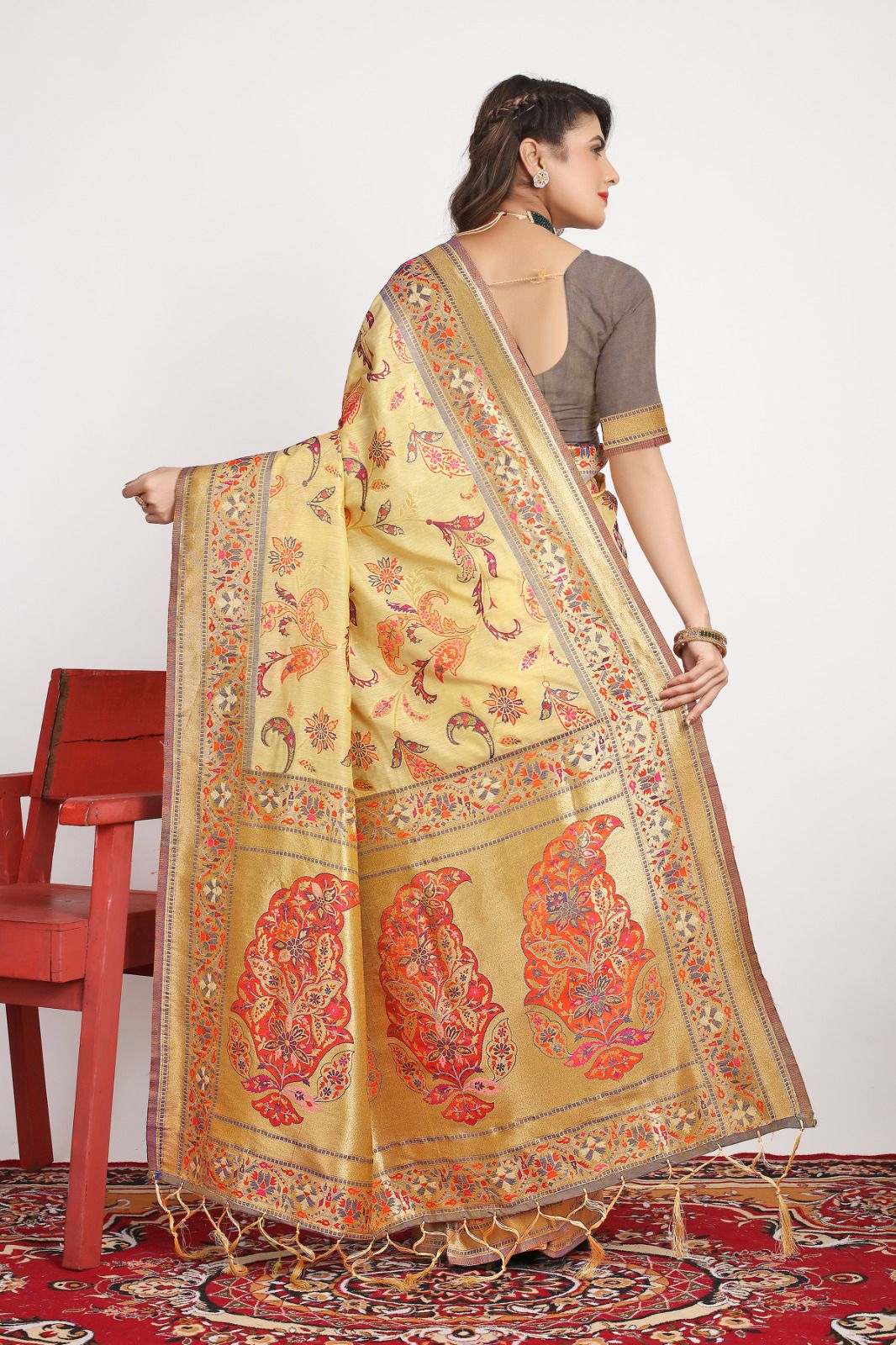 Most Stunning Yellow Pashmina saree With A glam Blouse Piece