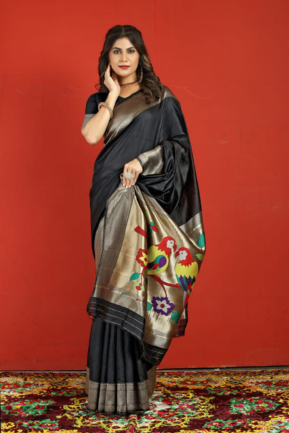 Trendy Black Paithani Silk Saree With Marvellous Blouse Piece