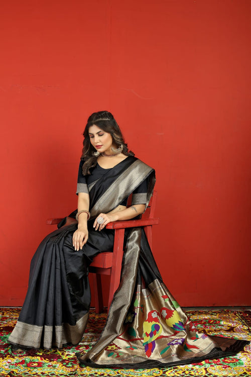 Load image into Gallery viewer, Trendy Black Paithani Silk Saree With Marvellous Blouse Piece
