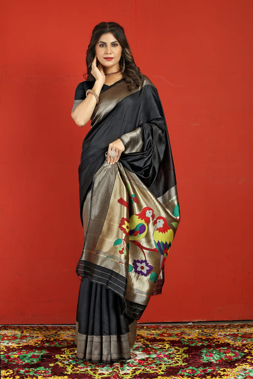 Load image into Gallery viewer, Trendy Black Paithani Silk Saree With Marvellous Blouse Piece
