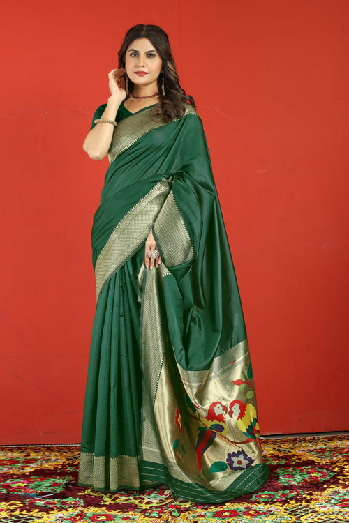 Load image into Gallery viewer, Precious Dark Green Paithani Silk Saree With Extraordinary Blouse Piece
