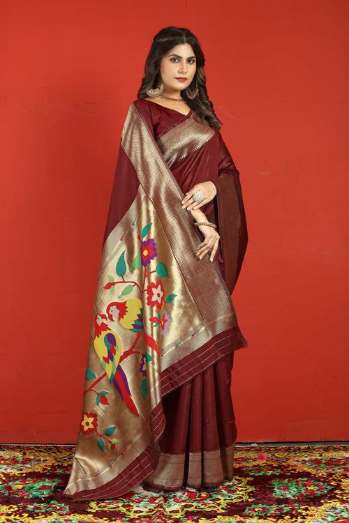 Load image into Gallery viewer, Flaunt Maroon Paithani Silk Saree With Stylish Blouse Piece
