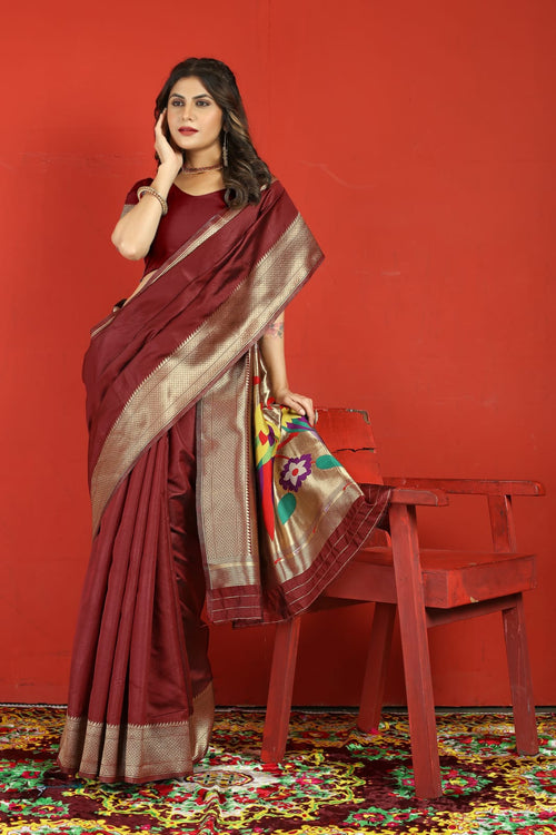 Load image into Gallery viewer, Flaunt Maroon Paithani Silk Saree With Stylish Blouse Piece
