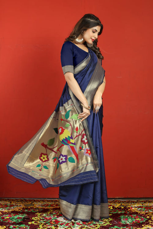 Load image into Gallery viewer, Invaluable Navy Blue Paithani Silk Saree With Surpassing Blouse Piece
