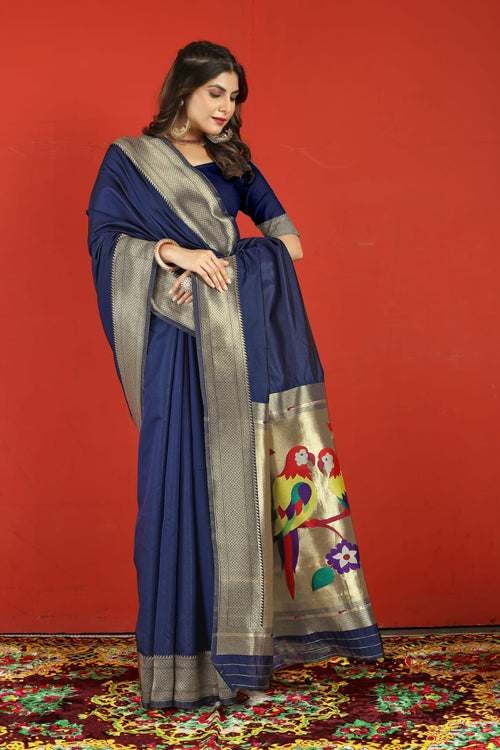 Load image into Gallery viewer, Invaluable Navy Blue Paithani Silk Saree With Surpassing Blouse Piece
