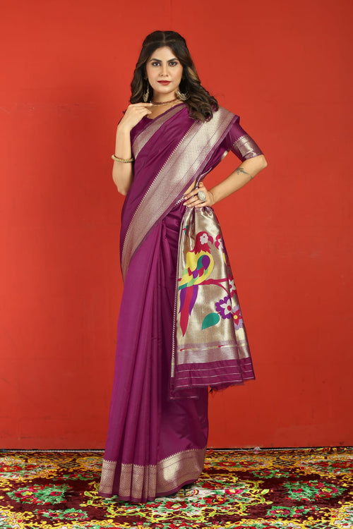 Load image into Gallery viewer, Ravishing Purple Paithani Silk Saree With Flameboyant Blouse Piece
