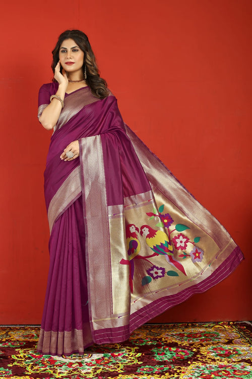 Load image into Gallery viewer, Ravishing Purple Paithani Silk Saree With Flameboyant Blouse Piece
