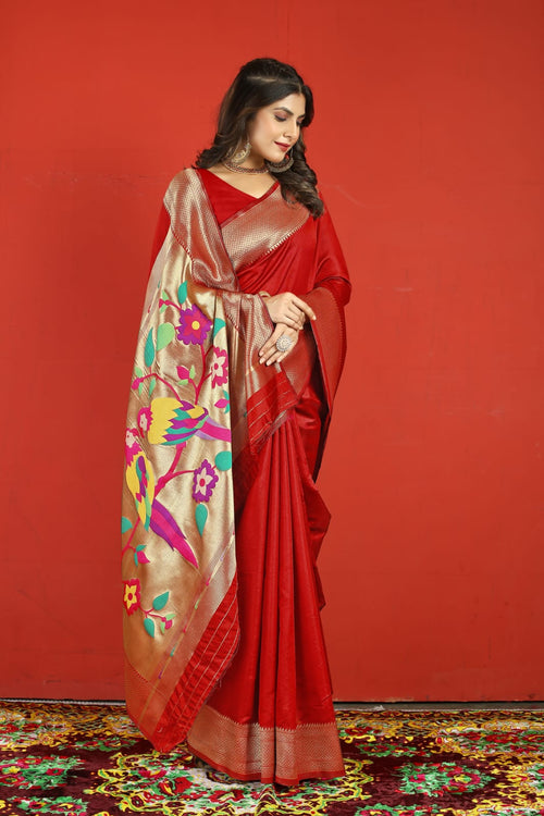 Load image into Gallery viewer, Beleaguer Red Paithani Silk Saree With Ratatouille Blouse Piece
