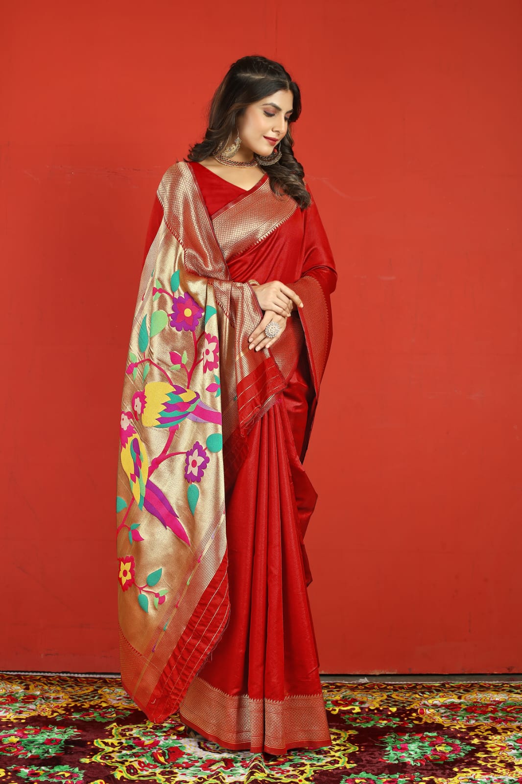 Beleaguer Red Paithani Silk Saree With Ratatouille Blouse Piece