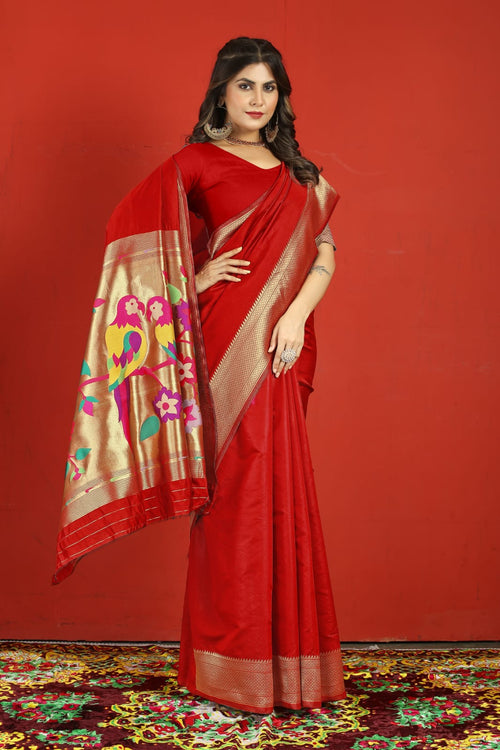 Load image into Gallery viewer, Beleaguer Red Paithani Silk Saree With Ratatouille Blouse Piece
