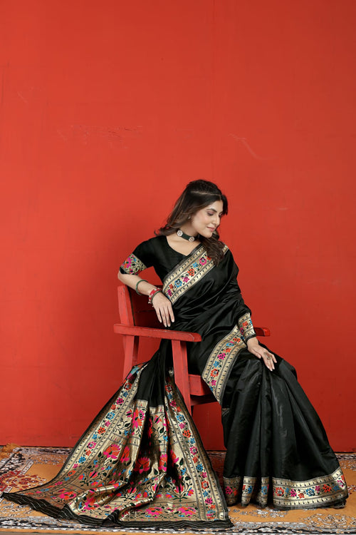 Load image into Gallery viewer, Jazzy Black Paithani Silk Saree With Desiring Blouse Piece
