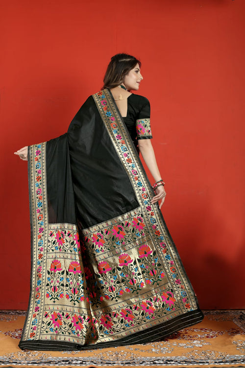 Load image into Gallery viewer, Jazzy Black Paithani Silk Saree With Desiring Blouse Piece
