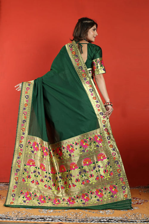 Load image into Gallery viewer, Propinquity Dark Green Paithani Silk Saree With Seraglio Blouse Piece
