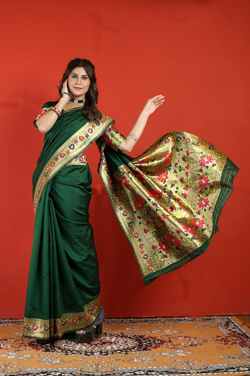 Load image into Gallery viewer, Propinquity Dark Green Paithani Silk Saree With Seraglio Blouse Piece
