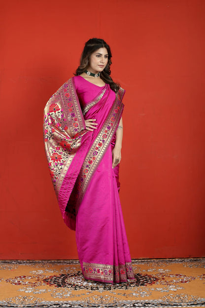 Serendipity Dark Pink Paithani Silk Saree With Vestigial Blouse Piece