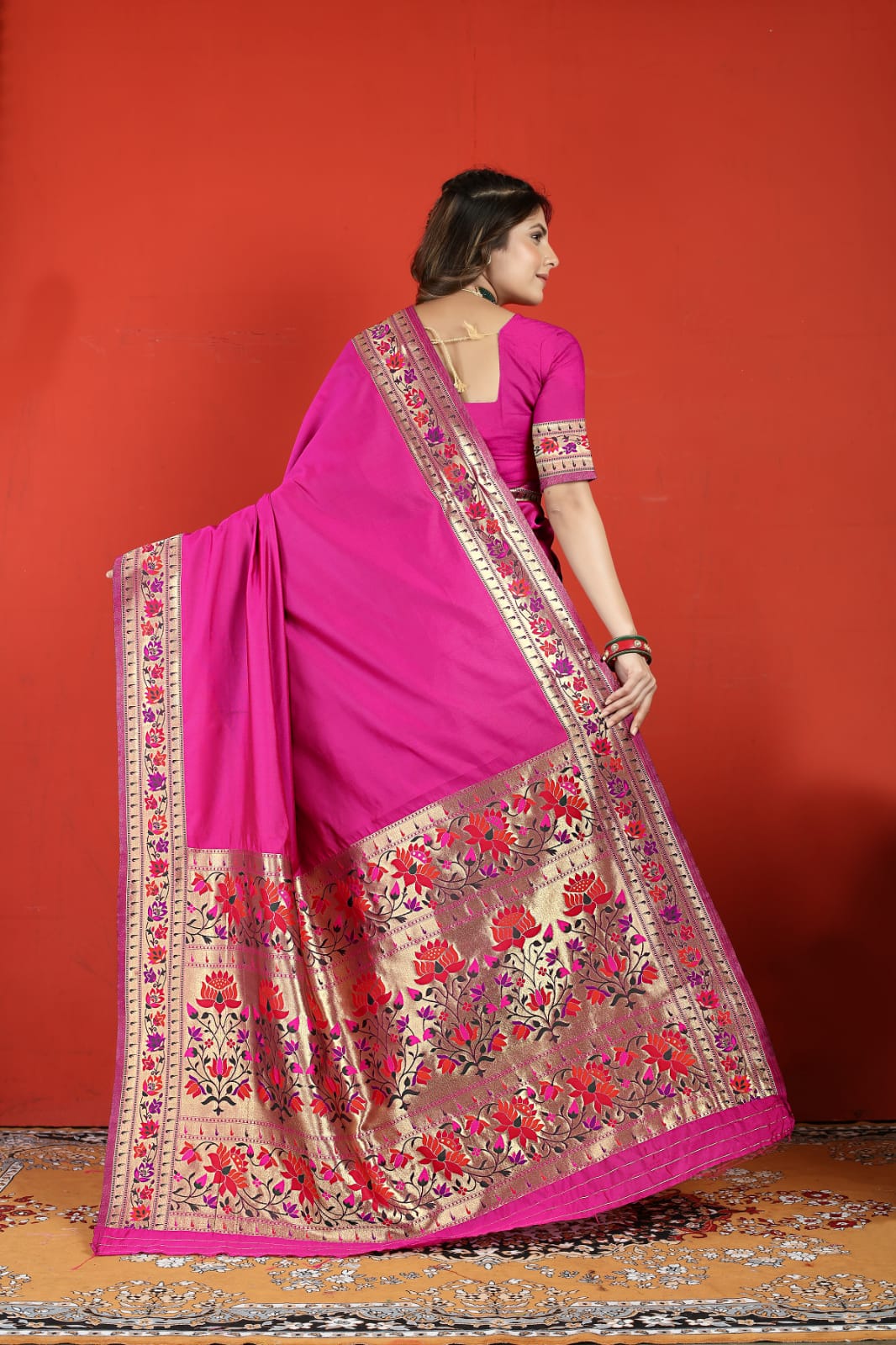 Serendipity Dark Pink Paithani Silk Saree With Vestigial Blouse Piece