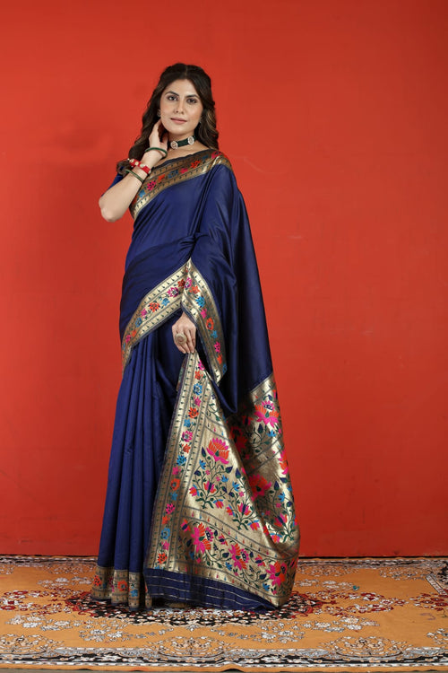 Navy Blue Paithani Silk Saree With Zari Weaving Work | Leemboodi