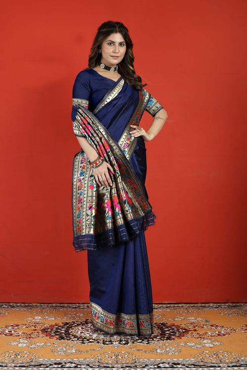 Load image into Gallery viewer, Exuberant Navy Blue Paithani Silk Saree With Prodigal Blouse Piece
