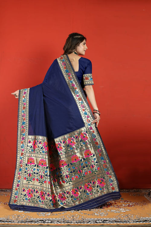 Load image into Gallery viewer, Exuberant Navy Blue Paithani Silk Saree With Prodigal Blouse Piece
