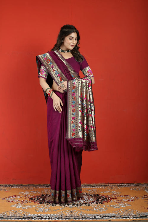 Load image into Gallery viewer, Staggering Purple Paithani Silk Saree With Engaging Blouse Piece
