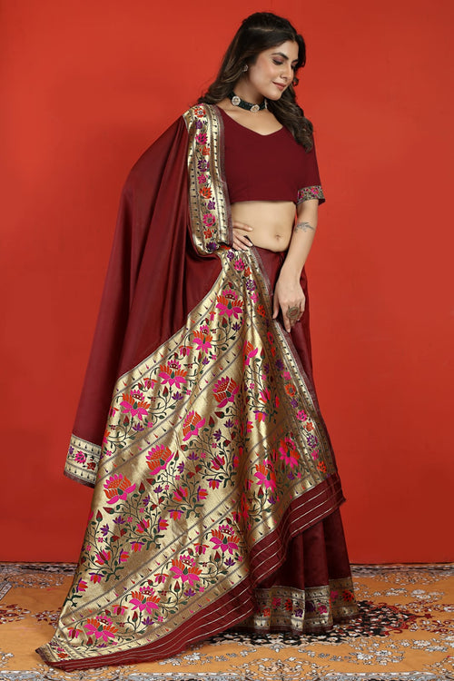 Load image into Gallery viewer, Imaginative Wine Paithani Silk Saree With Magnificat  Blouse Piece
