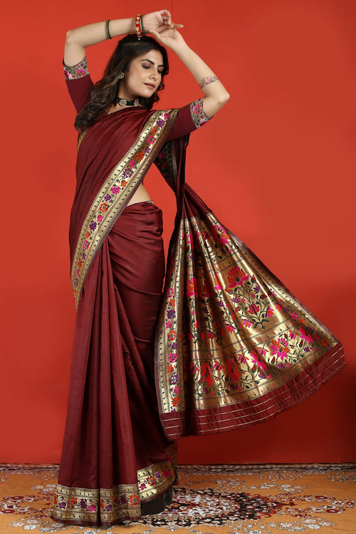 Load image into Gallery viewer, Imaginative Wine Paithani Silk Saree With Magnificat  Blouse Piece
