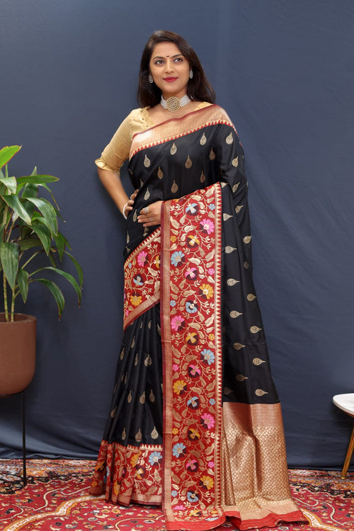 Load image into Gallery viewer, Ratatouille Black Paithani Silk Saree With Exemplary Blouse Piece
