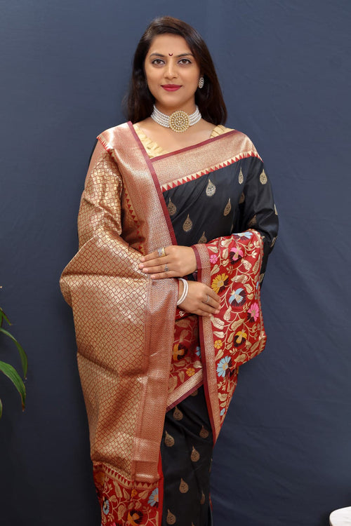 Load image into Gallery viewer, Ratatouille Black Paithani Silk Saree With Exemplary Blouse Piece
