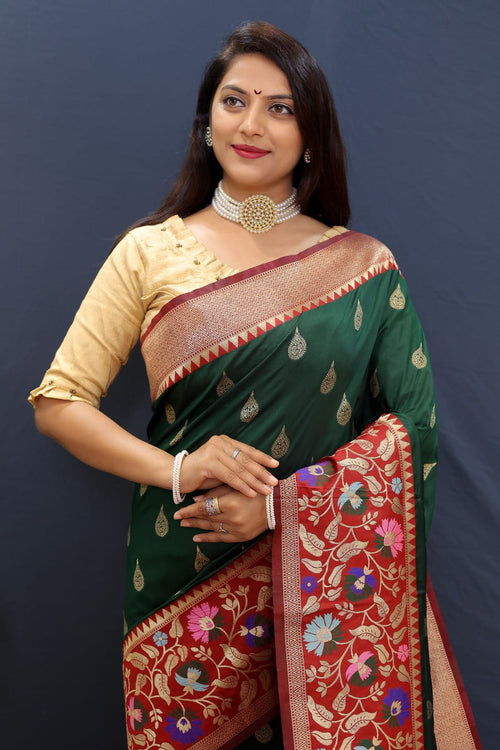 Load image into Gallery viewer, Redolent Dark Green Paithani Silk Saree With Glamorous Blouse Piece
