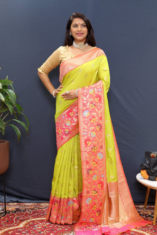 Load image into Gallery viewer, Appealing Yellow Paithani Silk Saree With Scintillating Blouse Piece
