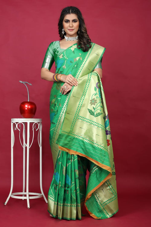 Load image into Gallery viewer, Petrichor Green Paithani Silk Saree With Posh Blouse Piece
