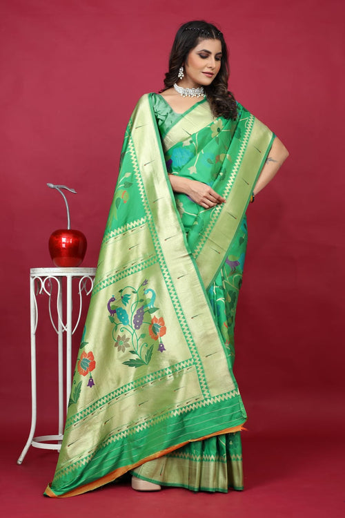 Load image into Gallery viewer, Petrichor Green Paithani Silk Saree With Posh Blouse Piece
