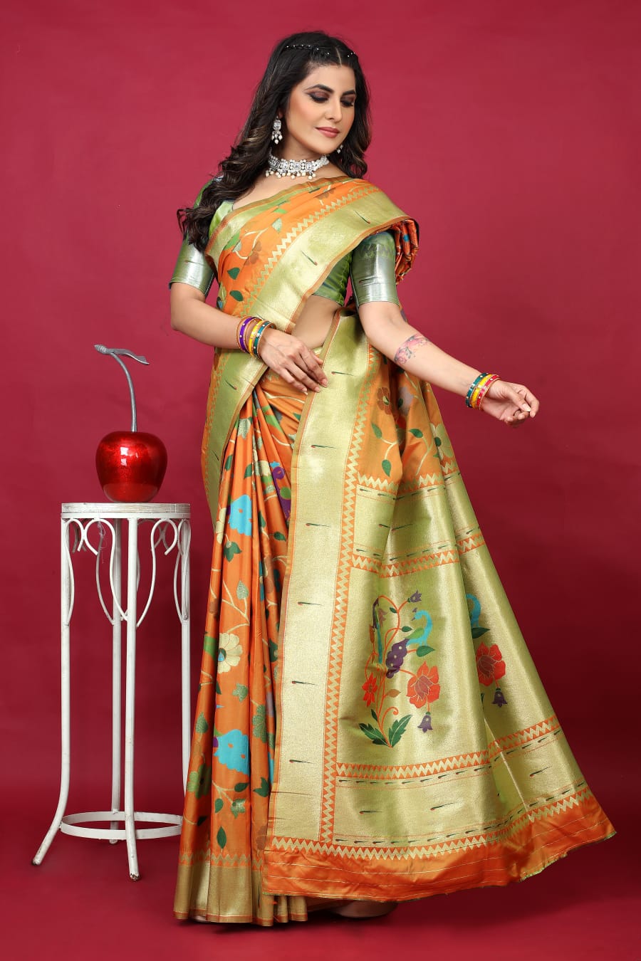 Eloquence Orange Paithani Silk Saree With Exemplary Blouse Piece