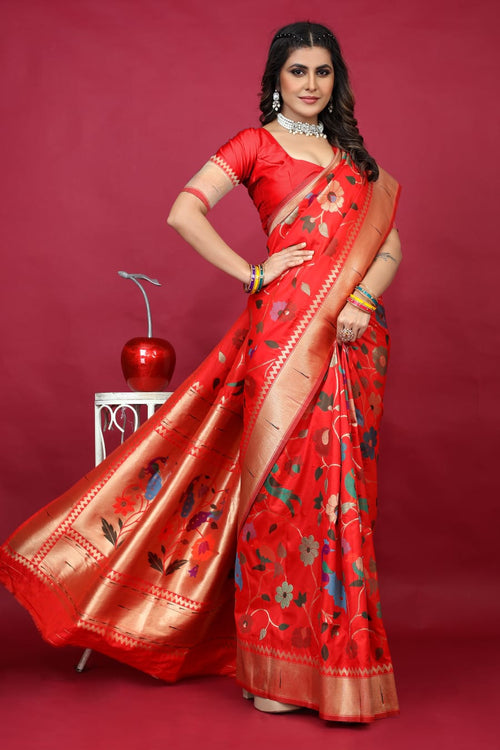 Load image into Gallery viewer, Ideal Red Paithani Silk Saree With Aplomb Blouse Piece
