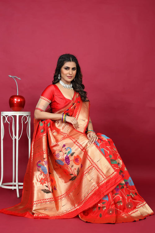 Load image into Gallery viewer, Ideal Red Paithani Silk Saree With Aplomb Blouse Piece
