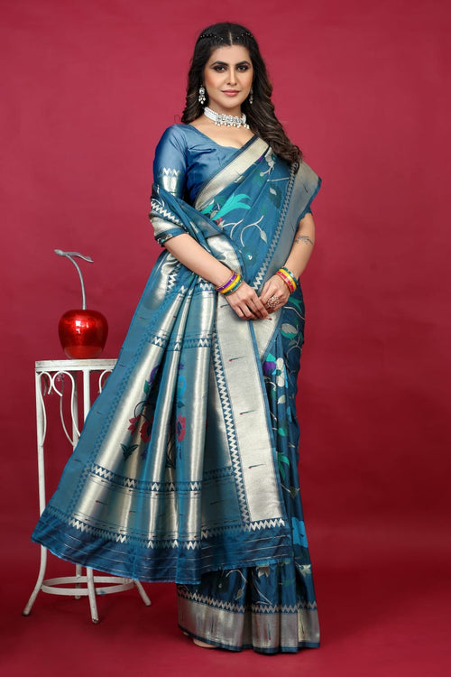 Load image into Gallery viewer, Stunner Teal Blue Paithani Silk Saree With Ornate Blouse Piece
