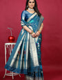 Stunner Teal Blue Paithani Silk Saree With Ornate Blouse Piece