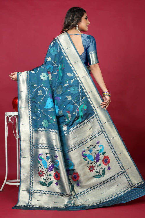 Load image into Gallery viewer, Stunner Teal Blue Paithani Silk Saree With Ornate Blouse Piece
